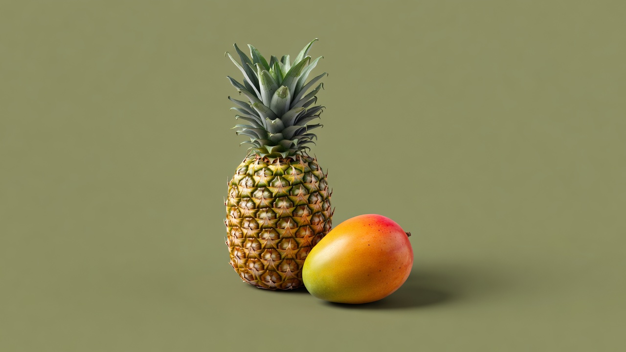 Soft-lit three-dimensional pineapple and mango on a plain muted olive background