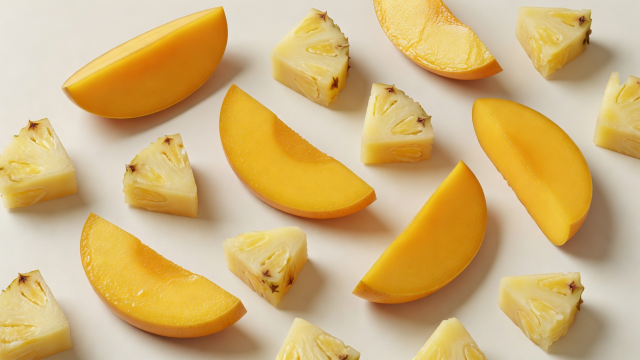 Soft-lit three-dimensional sliced mango and pineapple pieces arranged on a plain cream surface